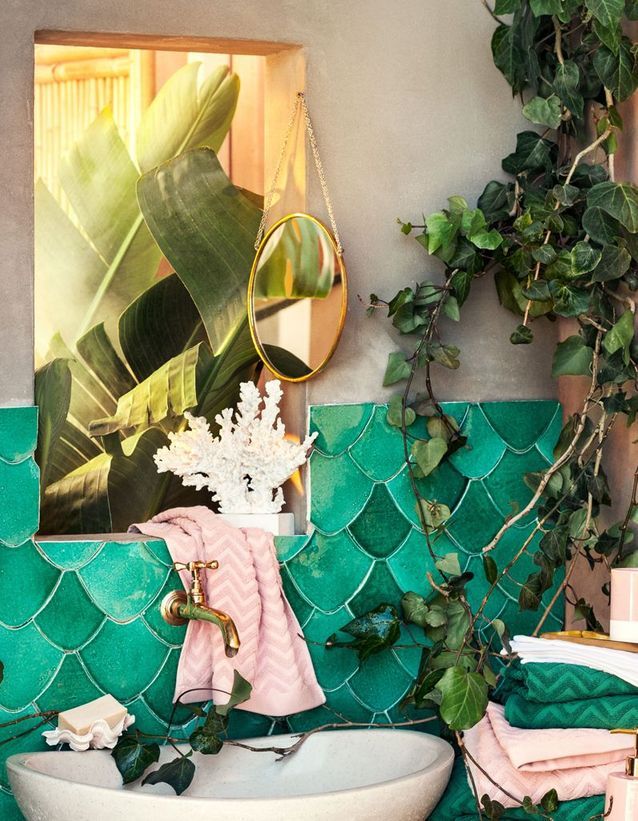 Plantas estilo jungla que caen en el baño